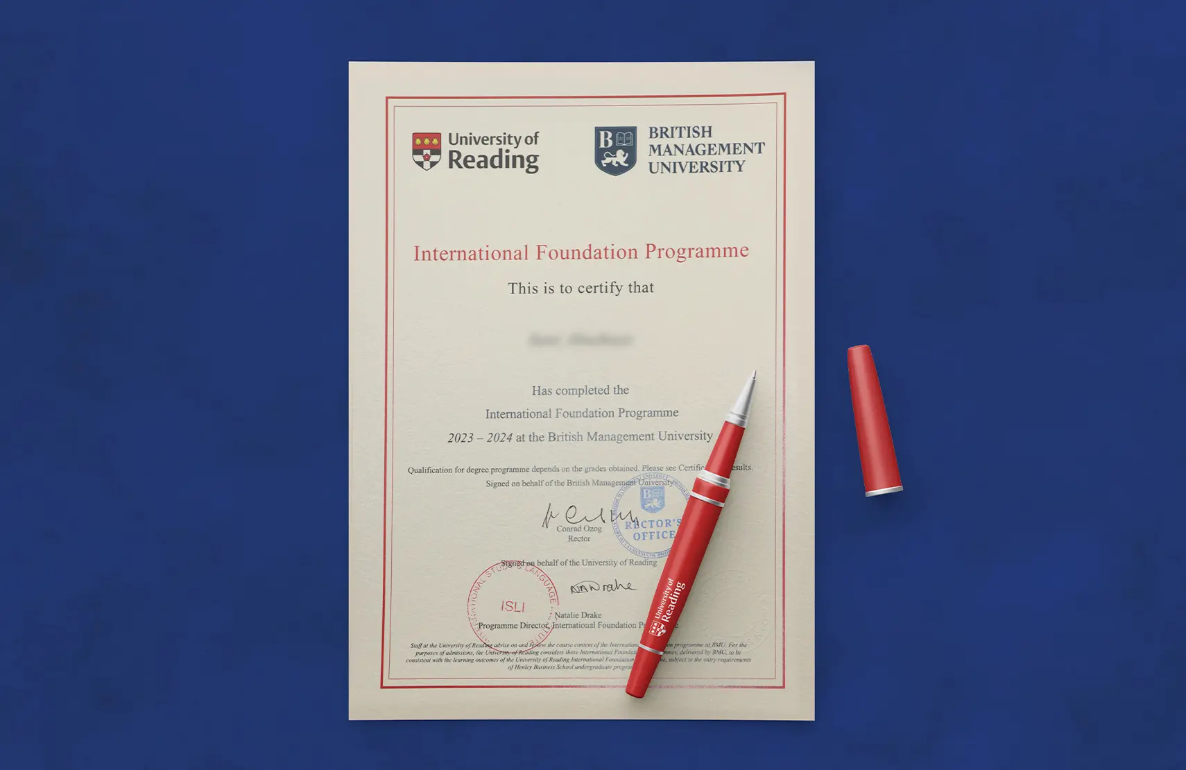 Foundation Certificate issued by The University of Reading